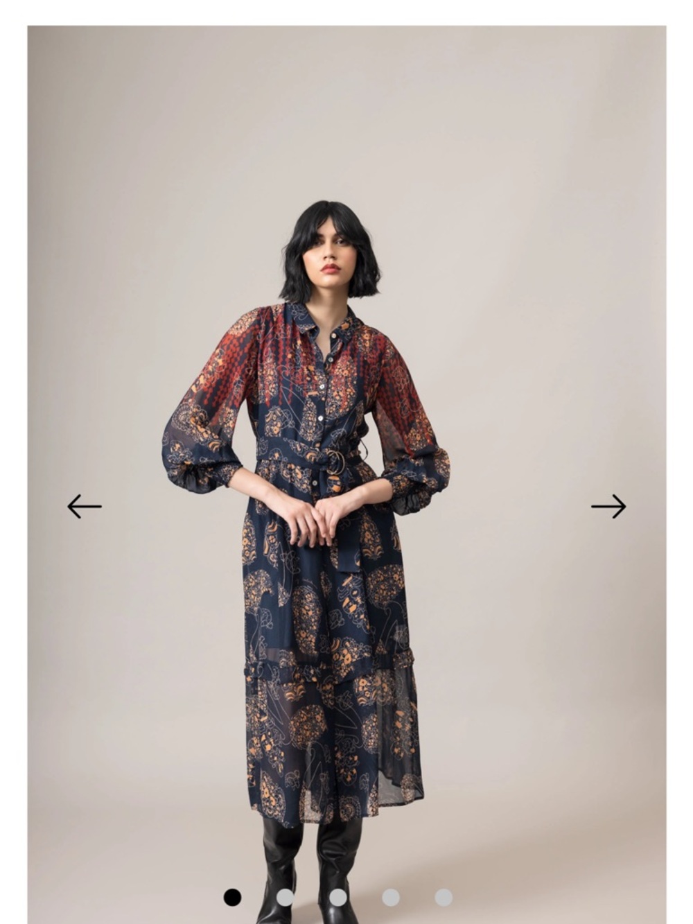 Paisley Print Button-Front Midi Dress in Navy and Rust